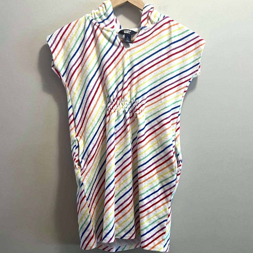 Lands' End Girls Large 10-12 Hooded Terry Cloth Swimsuit Cover-Up Rainbow Stripe